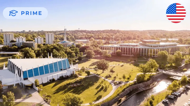 Aerial view of the Oral Roberts University campus in Tulsa, Oklahoma, featuring distinct modern architecture and green spaces.