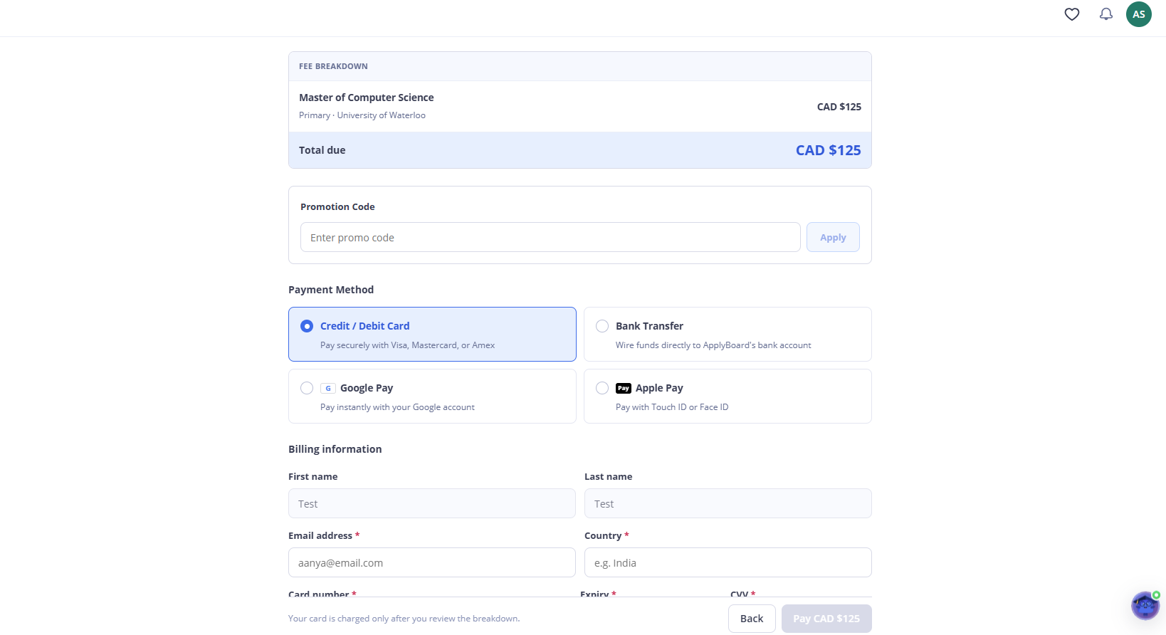 ApplyBoard checkout screen showing application fee breakdown, promo code entry, payment method selection, and billing information fields.