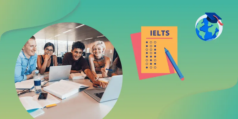 Diverse group of international students studying together next to illustrations of an IELTS answer sheet, pencil, and a globe with a graduation cap.