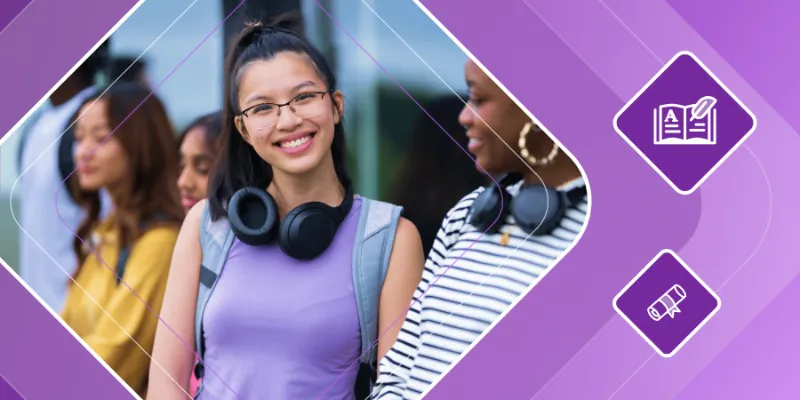 Smiling international student with headphones and a backpack standing with classmates on a university campus.