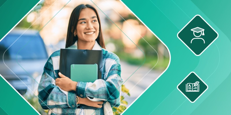 International student holding folders preparing for DELE and SIELE Spanish language exams
