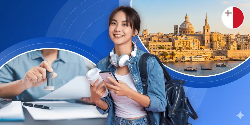 A smiling female student holding a coffee and phone, layered with images of visa document stamping and the Malta skyline with the Maltese flag.