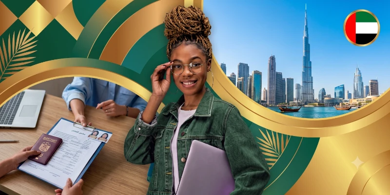 a smiling young woman holding a laptop, flanked by hands submitting a UAE visa application and the Dubai skyline.