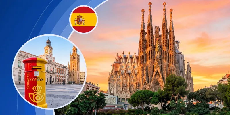 The Basílica de la Sagrada Família at sunset with a circular inset of a yellow Correos post box in Spain.