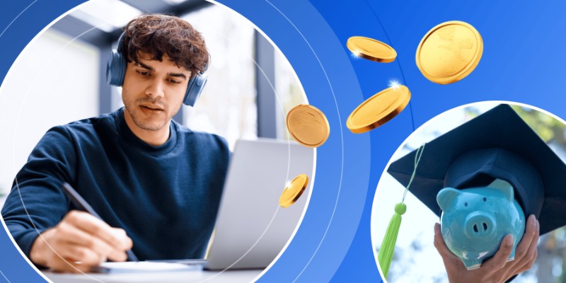 Young man with headphones writing notes at a laptop beside graphic illustrations of floating gold coins and a blue piggy bank wearing a mortarboard