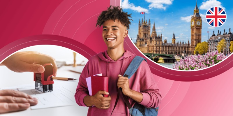 A smiling international student holding notebooks, flanked by graphics of a visa document being officially stamped and the London skyline featuring Big Ben and the UK flag, symbolizing studying abroad in the United Kingdom.