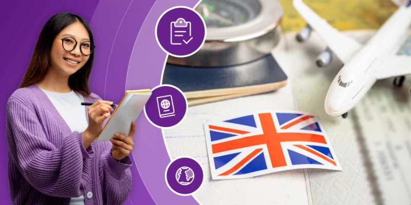 A young woman holding a notebook and pen beside icons for documents and passports, a UK flag, and a model airplane symbolizing studying abroad in the UK.