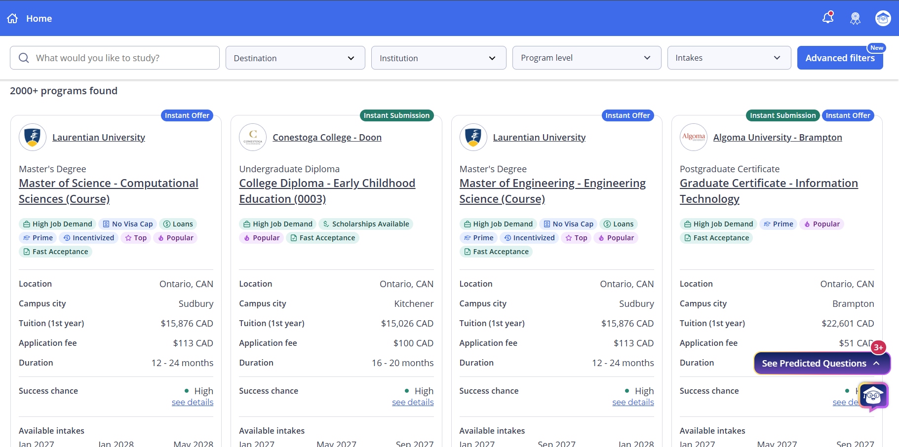 Screenshot of a search results page showing over 2,000 program matches, featuring program cards from Laurentian University, Conestoga College - Doon, and Algoma University with details on tuition, duration, and success chance.