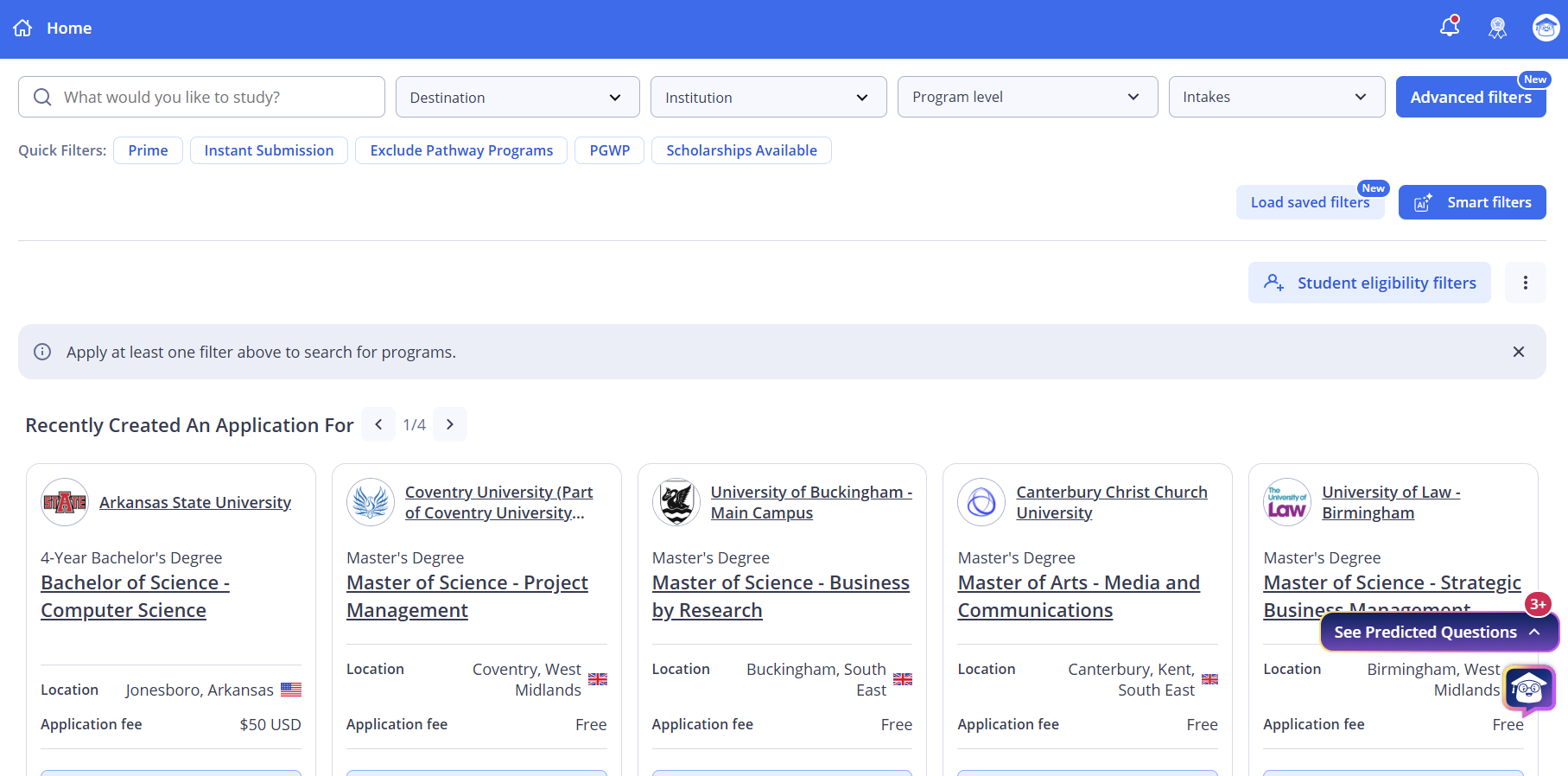 Screenshot of an academic program search dashboard featuring filter dropdowns at the top, quick filter pills, and a row of program cards including Arkansas State University, Coventry University, University of Buckingham, Canterbury Christ Church University, and University of Law.