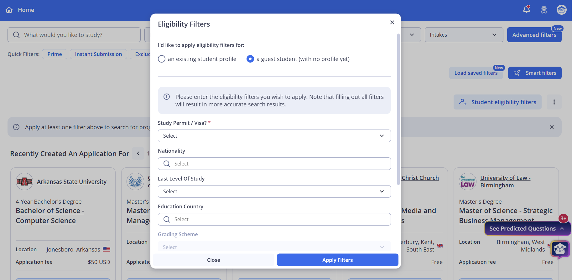 Screenshot of the academic program search dashboard with an Eligibility Filters modal overlay open, showing options to select student profile type, study permit/visa, nationality, last level of study, and education country.