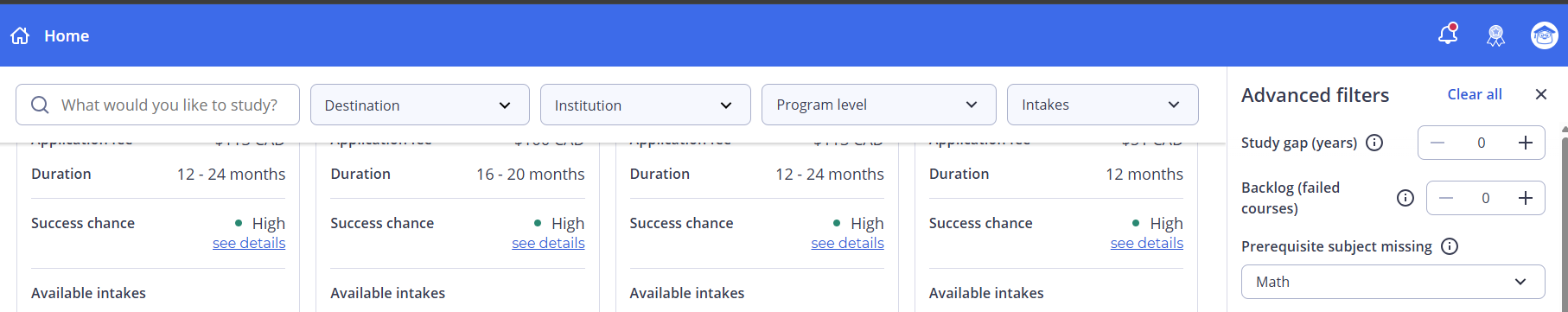 ApplyBoard Search advanced filters panel open on the right side with the Prerequisite subject missing dropdown expanded, showing a checkmark next to Math. Search results are visible in the background.