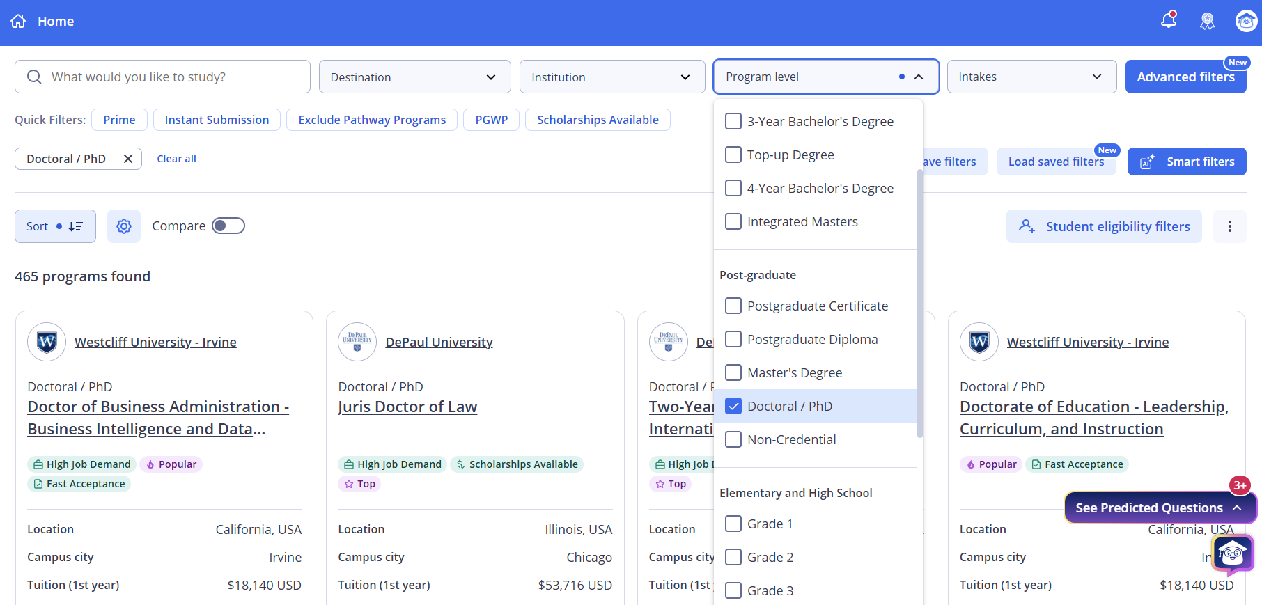 ApplyBoard Search page showing the Program Level dropdown open with a checkmark next to the Doctoral/PhD option