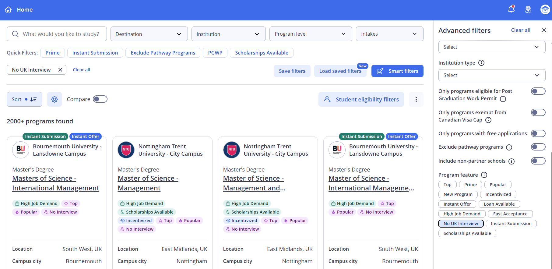 ApplyBoard Search advanced filters panel showing the Program feature section with No UK Interview selected, and UK program cards visible in the background