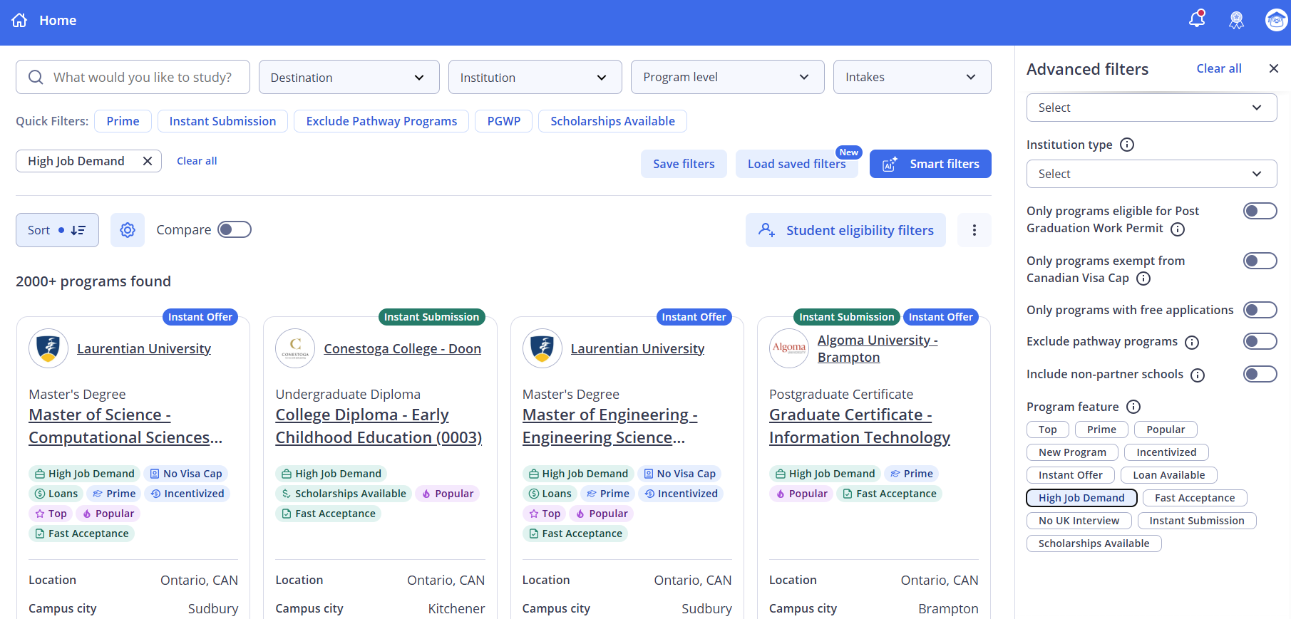 ApplyBoard Search advanced filters panel showing the Program feature section with High Job Demand selected, and program cards visible in the background.