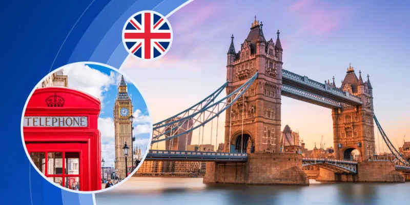 Tower Bridge over the River Thames at sunset, featuring a UK Union Jack flag and an inset of a classic red telephone box near Big Ben in London.