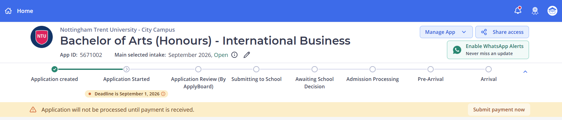 Warning message at the top of the student's application stating the application will not be processed until payment is received, with a Submit payment now link