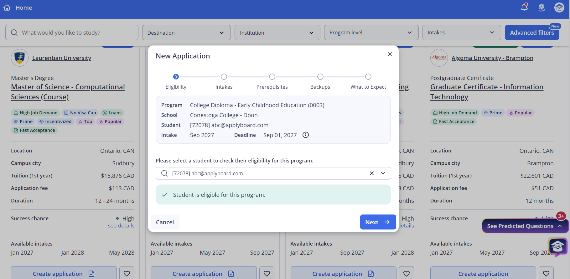 New Application modal showing a student selected from the Student dropdown with a green message confirming the student is eligible for the program