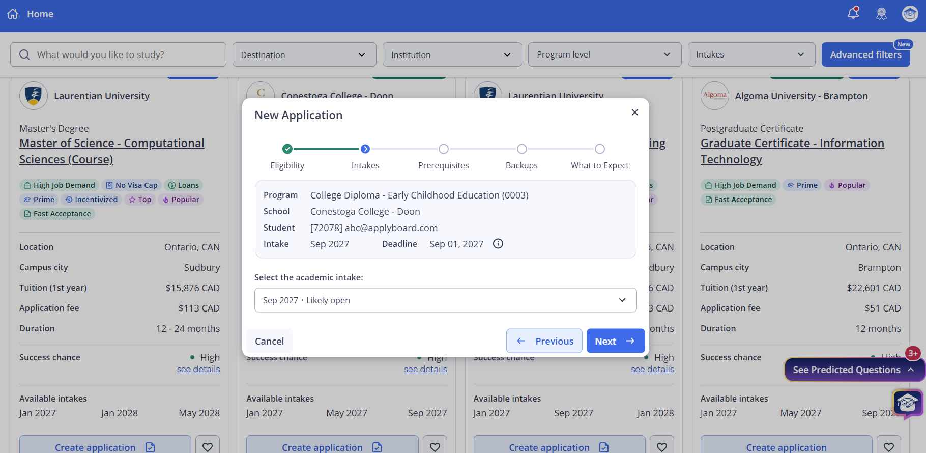 Application creation wizard showing the intake selection step with a list of available intakes to choose from