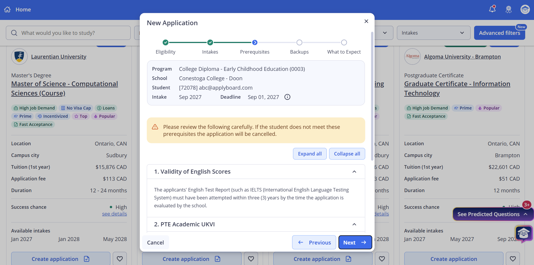 Application creation wizard showing the list of prerequisites the applicant must meet before applying