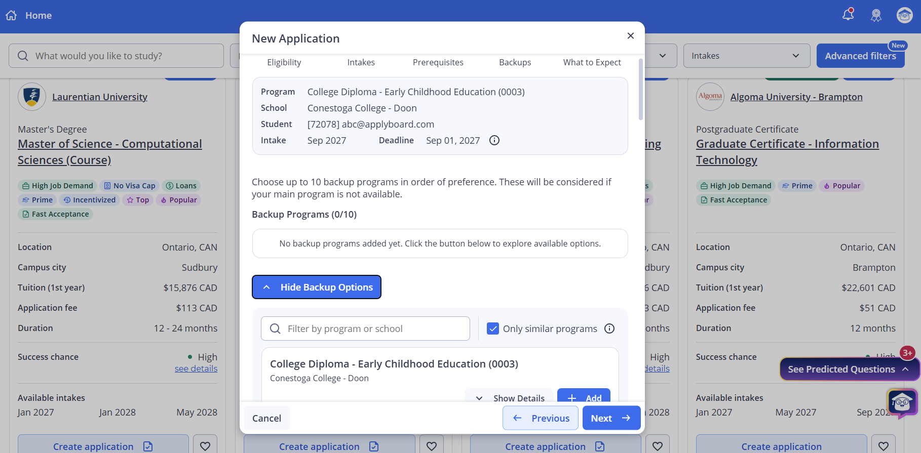 Application creation wizard showing the backup program selection step with a list of available programs to choose from