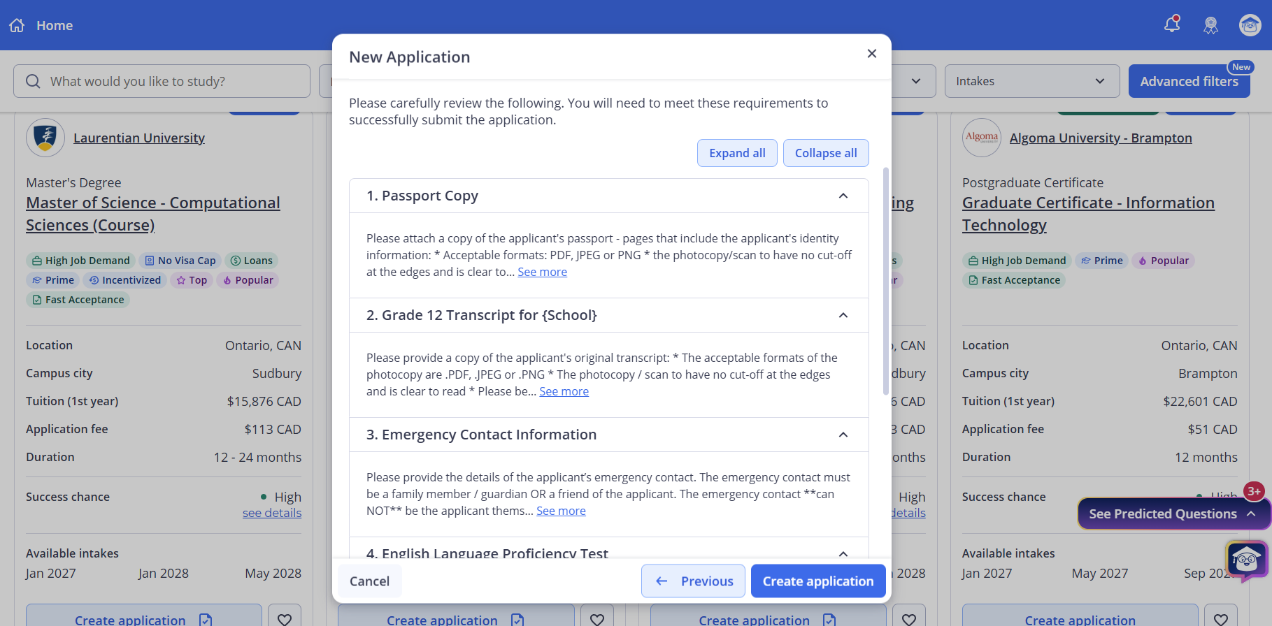 Application creation wizard showing the What to Expect step with a summary of requirements the student must complete