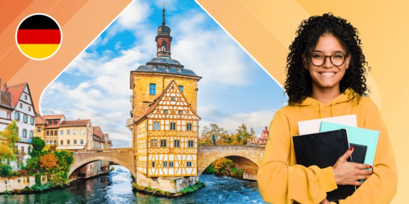Student holding notebooks with the Old Town Hall of Bamberg in Germany background.