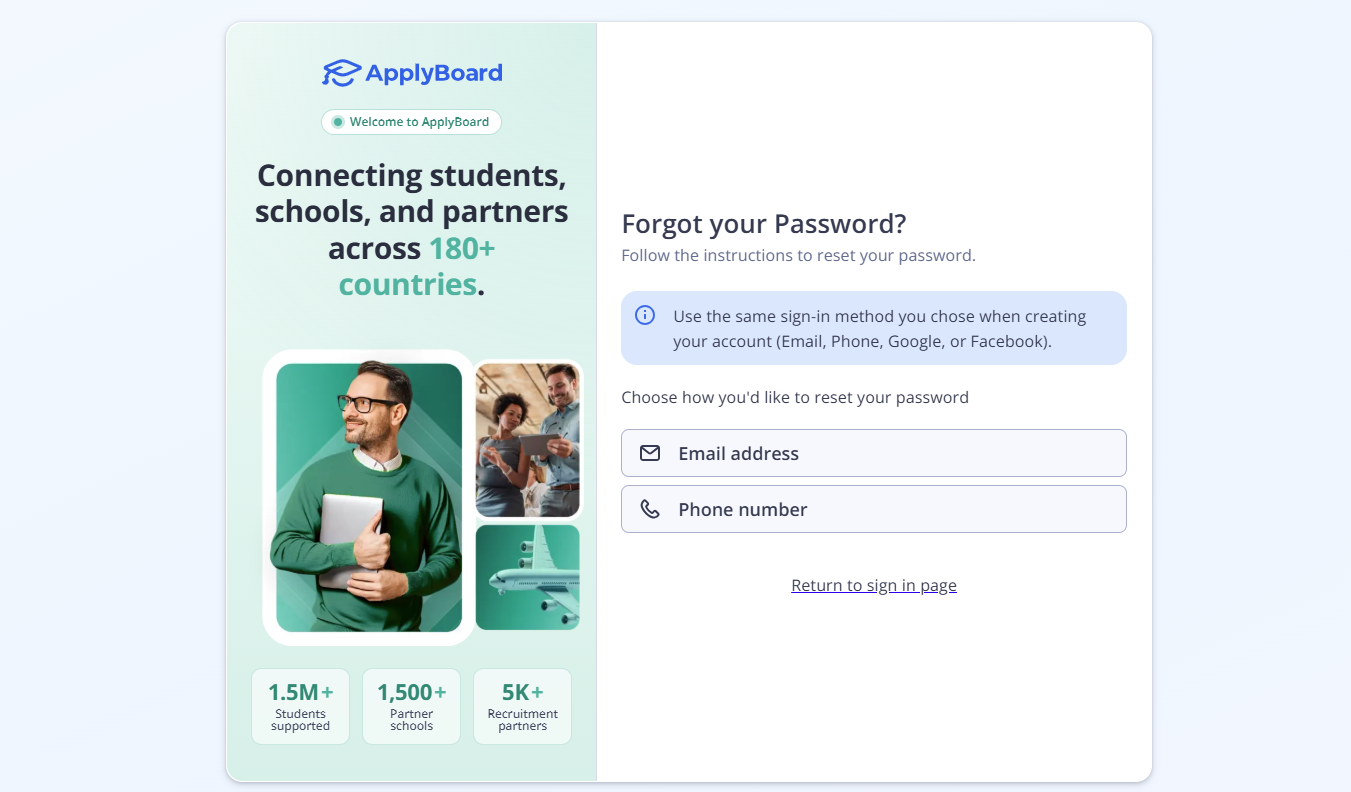 ApplyBoard forgot password screen showing both Reset via Email and Reset via Phone Number options