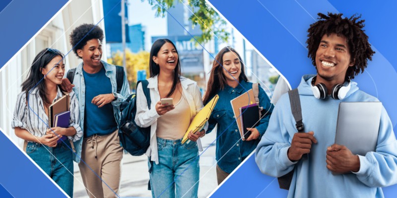 Graphic featuring a group of smiling students walking together outdoors next to a young man holding a laptop with headphones around his neck.