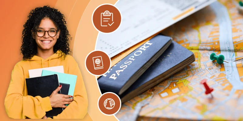 A smiling female student holding study notebooks alongside travel documents, passports, and a map, illustrating study abroad and visa preparation.