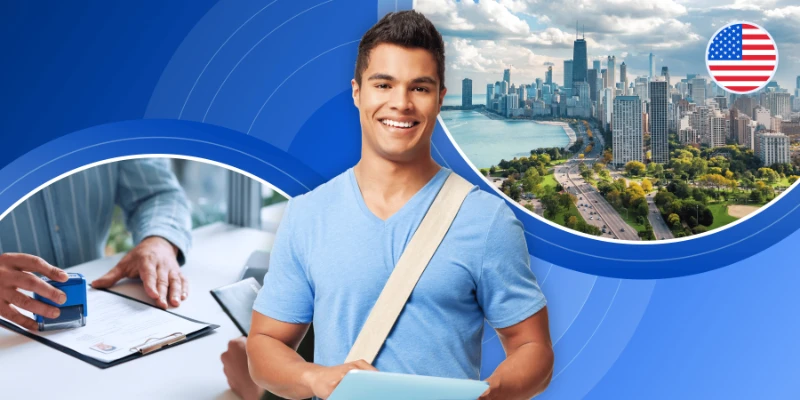 Student holding a tablet before a Chicago skyline view and hands stamping a visa document.