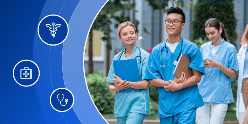 Group of young medical students in blue scrubs walking outdoors on campus with notebooks and stethoscopes, accompanied by blue health icon overlays for medical symbols.