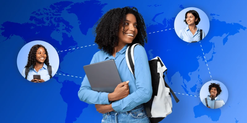 Smiling female student holding a laptop and wearing a backpack, set against a blue world map with connected circular portraits of diverse international students.