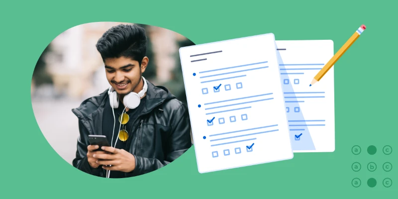 A smiling young male student with headphones around his neck looks at his smartphone next to a graphic illustration of a language test answer sheet and a pencil.