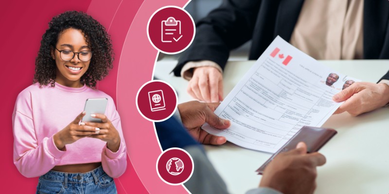 A smiling student using her smartphone next to graphics of a passport, globe, and checklist, alongside an applicant submitting a Canadian visa form.