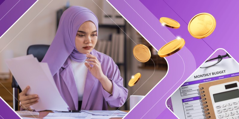A student wearing a purple hijab reviewing financial documents next to graphics of gold coins and a monthly budget planner.