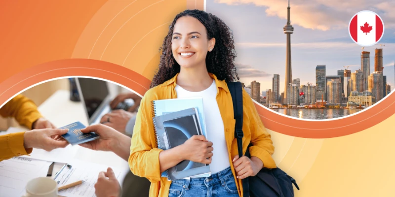 Smiling student holding notebooks beside a Toronto skyline inset, Canadian flag, and visa application process.