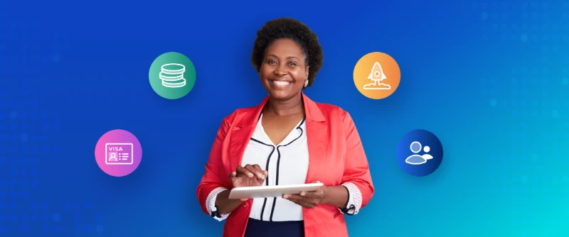 A smiling female professional in a red blazer using a tablet, surrounded by floating icons for a visa card, financial coins, a rocket, and people.