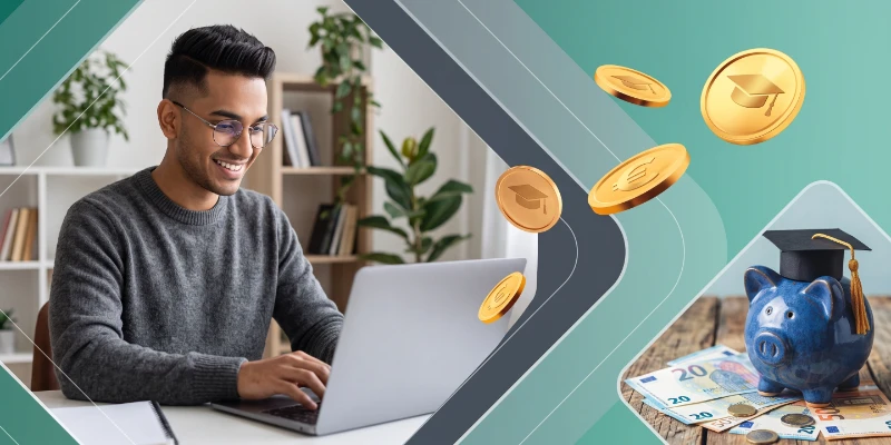 A male student smiling while using a laptop alongside illustrations of floating gold coins with euro and graduation symbols, and a blue piggy bank wearing a graduation cap.