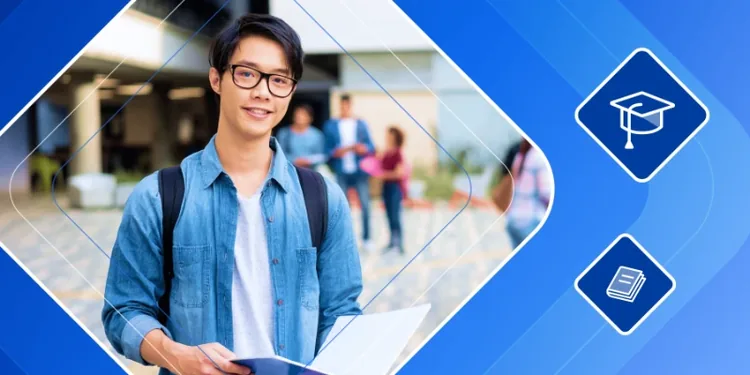 Young male student with glasses holding a folder on a campus, with graduation cap and book icons in a blue frame