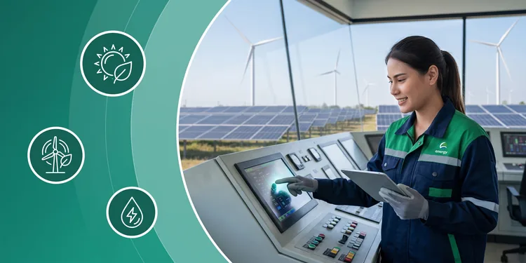 A banner showcasing sustainable energy, with a technician in a control room overlooking a solar and wind farm, and icons for solar, wind, and water power.