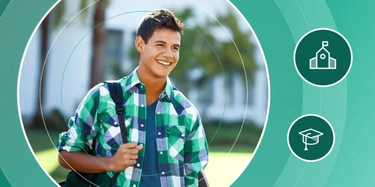 Smiling Saint Leo University student with a backpack outdoors, alongside school and graduation cap icons.