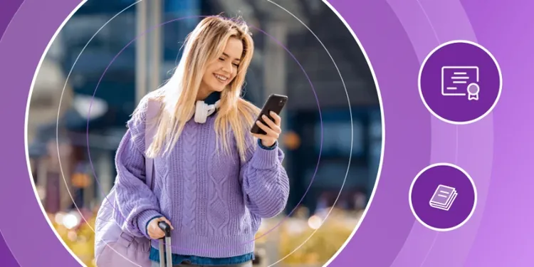 Smiling female student with headphones and a suitcase checking her smartphone next to degree and book icons
