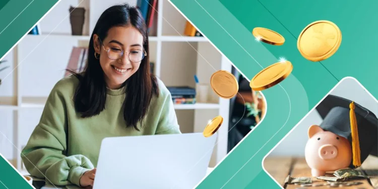 A smiling female student wearing glasses works on a laptop, surrounded by floating gold coins and a piggy bank wearing a black graduation cap with a yellow tassel on a green graphic background.