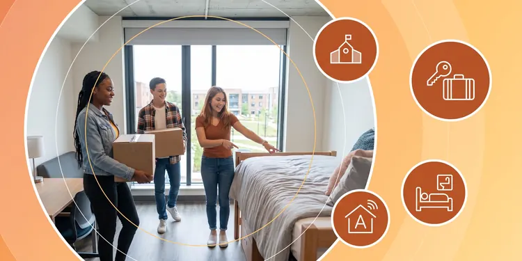 Students moving into a university student accommodation room alongside icons for campus, housing, and amenities.