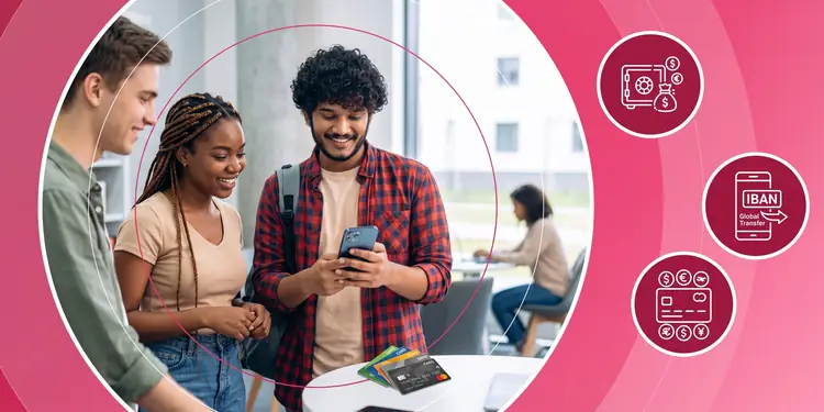 International students viewing a mobile banking app on a smartphone, accompanied by financial icons for savings, IBAN transfers, and multi-currency payment cards.
