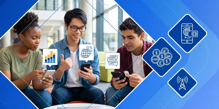 Three young diverse students sitting together and looking at their smartphones, surrounded by digital icons for communication, finance, and mobile data against a blue geometric background.