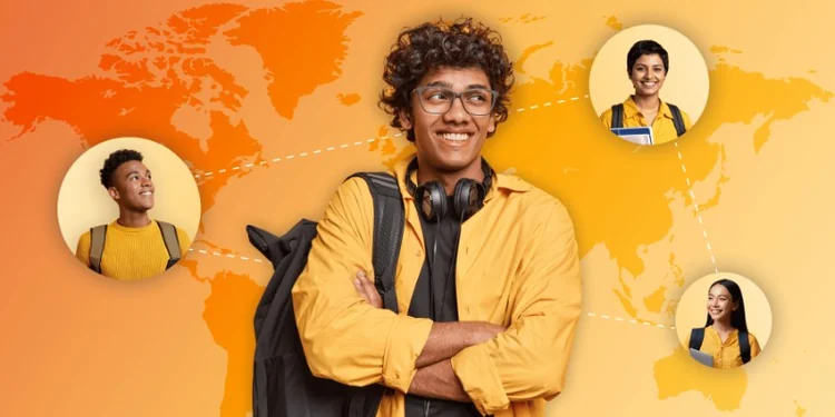 Smiling international student with a backpack in front of a world map graphic featuring connected students from across the globe.