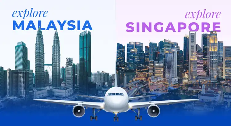 A travel promotion graphic split down the middle showing the Kuala Lumpur skyline on the left and the Singapore skyline at night on the right, with a white passenger airplane flying forward in the center.
