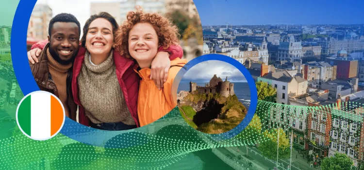 Three smiling students hugging outdoors alongside a circular inset of an Irish castle, the Irish flag, and a cityscape.