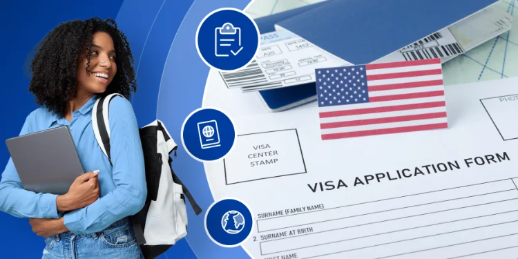 A smiling young woman carrying a laptop and backpack stands next to travel and study documents, including a U.S. flag, boarding passes, and a visa application form.
